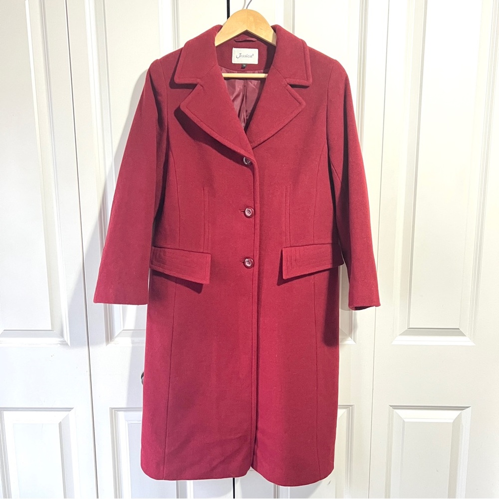 Jessica Mid Length Double Breasted Trench Coat Sz 10 Cranberry Red Wool Cashmere